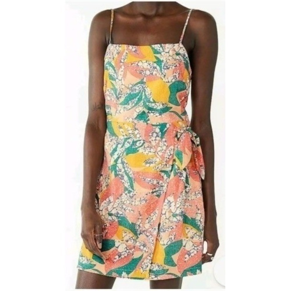 Nine West Women Multicolor Tropical Print Faux Wrap Mini Dress Square Neck NWT